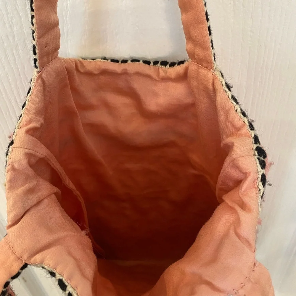 Vintage Handmade Crochet Embroidered Small Tote Handbag Pink Boho Market Bag